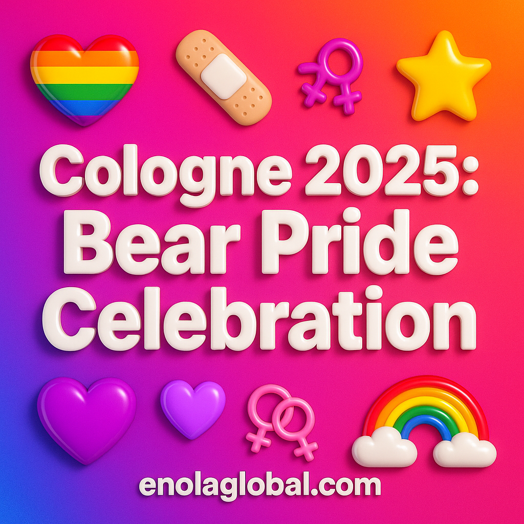 Square news graphic showing a post title named "Cologne 2025: Bear Pride Celebration" in bold white text on a pink–orange–purple gradient, with a rainbow heart, purple heart, and interlinked female symbols; enolaglobal.com at the bottom.