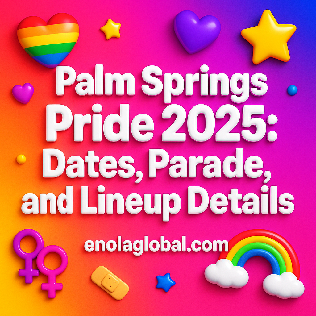 Square news graphic showing a post title named "Palm Springs Pride 2025: Dates, Parade, and Lineup Details" in bold white text on a pink–orange–purple gradient, with a rainbow heart, purple heart, and interlinked female symbols; enolaglobal.com at the bottom.