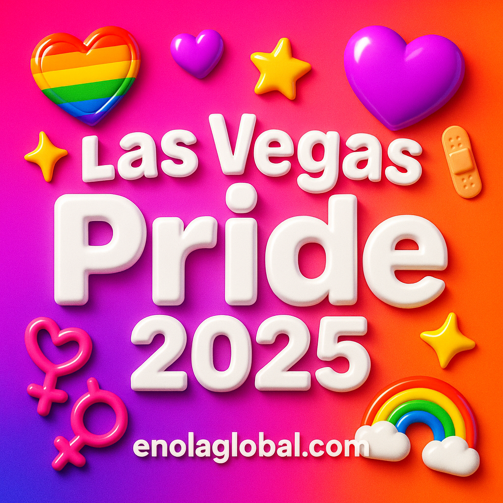 Square news graphic showing a post title named "Las Vegas Pride 2025" in bold white text on a pink–orange–purple gradient, with a rainbow heart, purple heart, and interlinked female symbols; enolaglobal.com at the bottom.