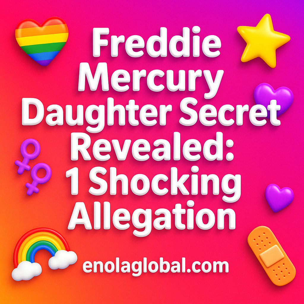 Freddie Mercury Daughter Secret Revealed: 1 Shocking Allegation Square news graphic showing a post title named "Freddie Mercury Daughter Secret Revealed: 1 Shocking Allegation" in bold white text on a pink–orange–purple gradient, with a rainbow heart, purple heart, and interlinked female symbols; enolaglobal.com at the bottom.