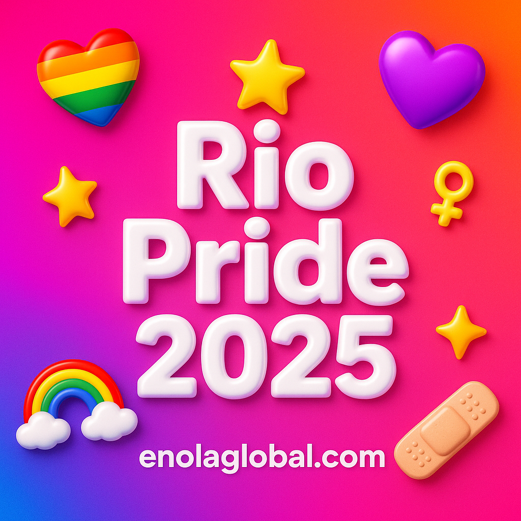 Square news graphic showing a post title named "Rio Pride 2025" in bold white text on a pink–orange–purple gradient, with a rainbow heart, purple heart, and interlinked female symbols; enolaglobal.com at the bottom.