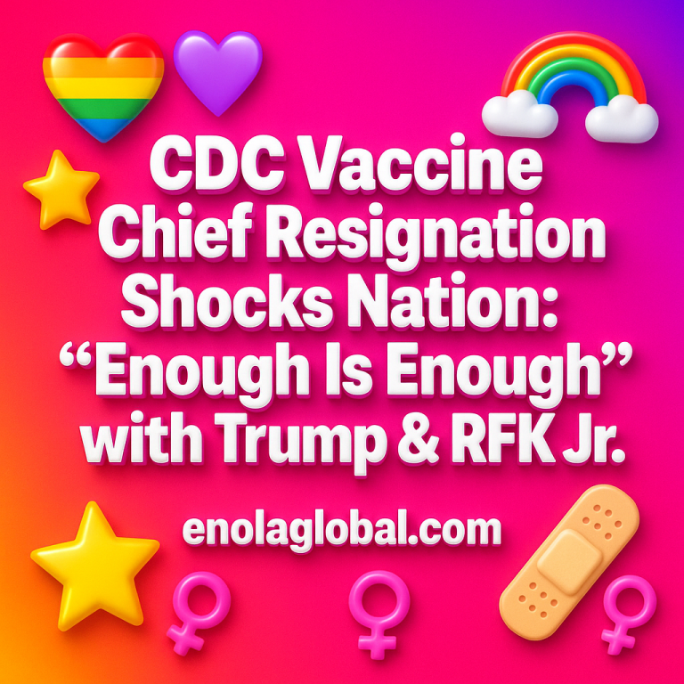 CDC Vaccine Chief Resignation Shocks Nation: “Enough Is Enough” with Trump & RFK Jr. Square news graphic showing a post title named "CDC Vaccine Chief Resignation Shocks Nation: “Enough Is Enough” with Trump & RFK Jr." in bold white text on a pink–orange–purple gradient, with a rainbow heart, purple heart, and interlinked female symbols; enolaglobal.com at the bottom.