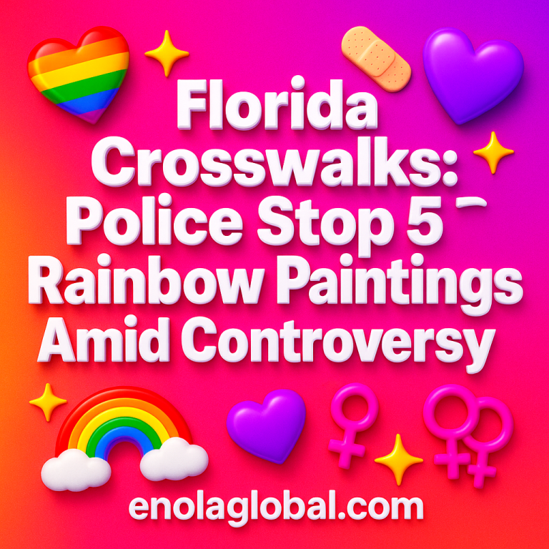Florida Crosswalks: Police Stop 5 Rainbow Paintings Amid Controversy Square news graphic showing a post title named "Florida Crosswalks: Police Stop 5 Rainbow Paintings Amid Controversy" in bold white text on a pink–orange–purple gradient, with a rainbow heart, purple heart, and interlinked female symbols; enolaglobal.com at the bottom.