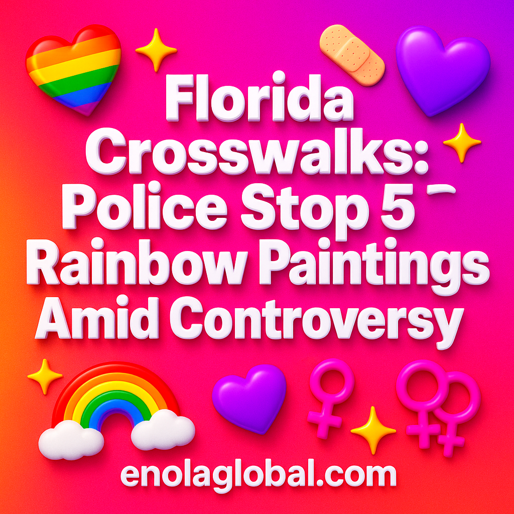 Florida Crosswalks: Police Stop 5 Rainbow Paintings Amid Controversy Square news graphic showing a post title named "Florida Crosswalks: Police Stop 5 Rainbow Paintings Amid Controversy" in bold white text on a pink–orange–purple gradient, with a rainbow heart, purple heart, and interlinked female symbols; enolaglobal.com at the bottom.