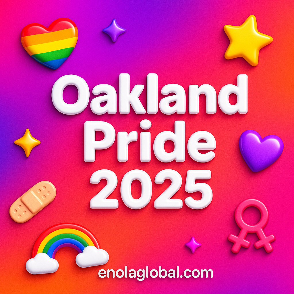 Square news graphic showing a post title named "Oakland Pride 2025" in bold white text on a pink–orange–purple gradient, with a rainbow heart, purple heart, and interlinked female symbols; enolaglobal.com at the bottom.