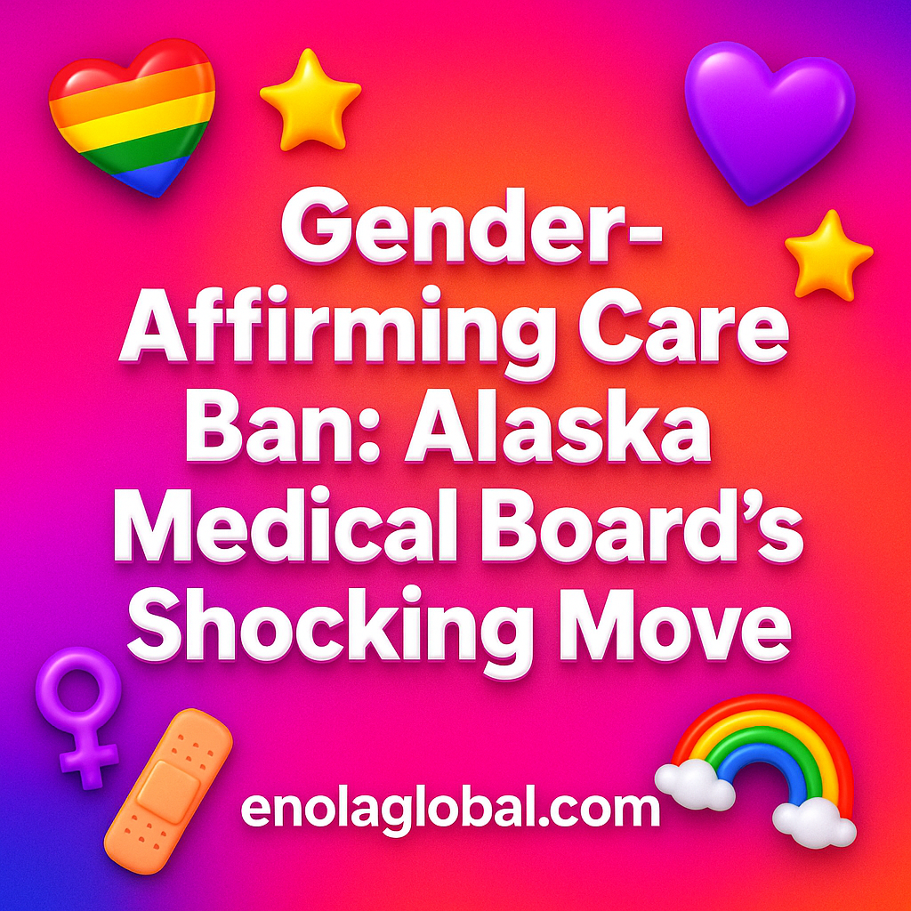 Gender-Affirming Care Ban: Alaska Medical Board's Shocking Move Square news graphic showing a post title named "Gender-Affirming Care Ban: Alaska Medical Board's Shocking Move" in bold white text on a pink–orange–purple gradient, with a rainbow heart, purple heart, and interlinked female symbols; enolaglobal.com at the bottom.