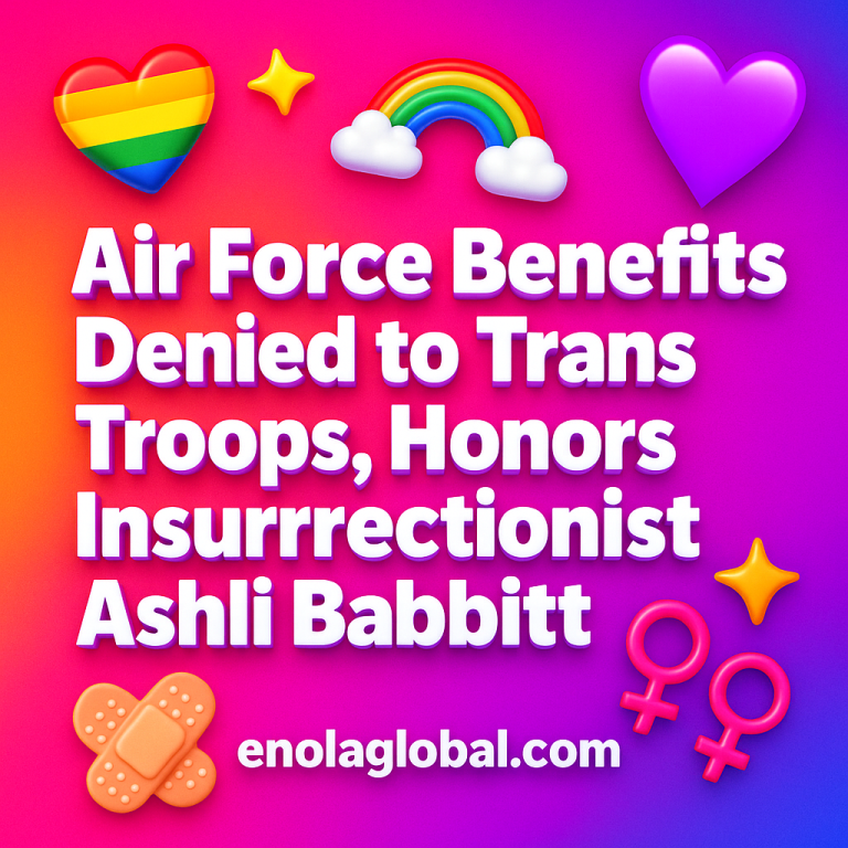 Air Force Benefits Denied to Trans Troops, Honors Insurrectionist Ashli Babbitt Square news graphic showing a post title named "Air Force Benefits Denied to Trans Troops, Honors Insurrectionist Ashli Babbitt" in bold white text on a pink–orange–purple gradient, with a rainbow heart, purple heart, and interlinked female symbols; enolaglobal.com at the bottom.
