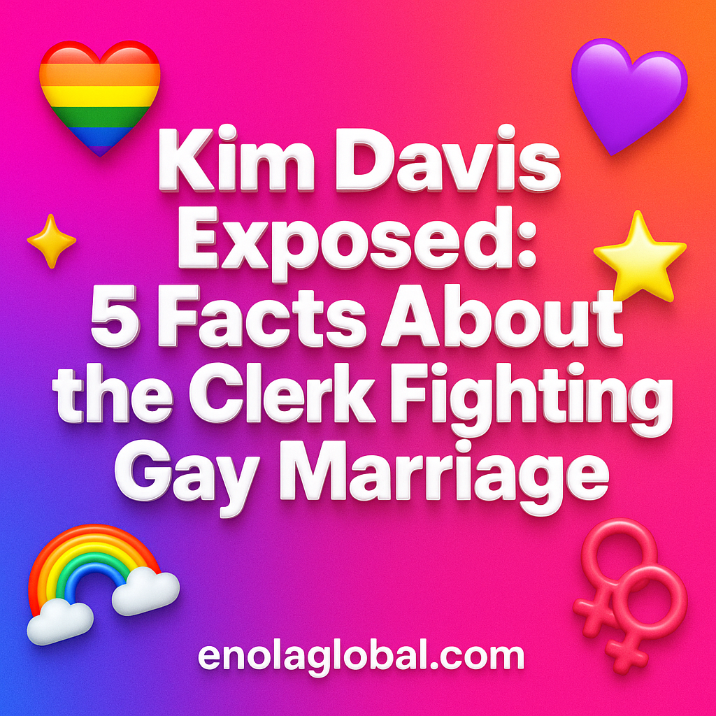 Kim Davis Exposed: 5 Facts About the Clerk Fighting Gay Marriage Square news graphic showing a post title named "Kim Davis Exposed: 5 Facts About the Clerk Fighting Gay Marriage" in bold white text on a pink–orange–purple gradient, with a rainbow heart, purple heart, and interlinked female symbols; enolaglobal.com at the bottom.