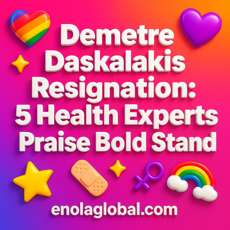 Demetre Daskalakis Resignation: 5 Health Experts Praise Bold Stand Square news graphic showing a post title named "Demetre Daskalakis Resignation: 5 Health Experts Praise Bold Stand" in bold white text on a pink–orange–purple gradient, with a rainbow heart, purple heart, and interlinked female symbols; enolaglobal.com at the bottom.