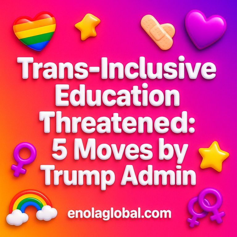 Trans-Inclusive Education Threatened: 5 Moves by Trump Admin Square news graphic showing a post title named "Trans-Inclusive Education Threatened: 5 Moves by Trump Admin" in bold white text on a pink–orange–purple gradient, with a rainbow heart, purple heart, and interlinked female symbols; enolaglobal.com at the bottom.