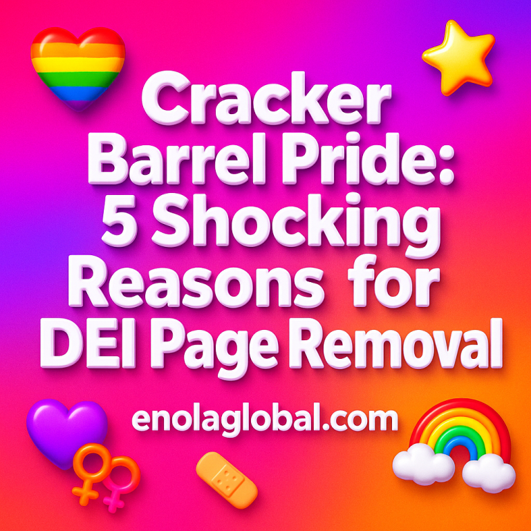 Cracker Barrel Pride: 5 Shocking Reasons for DEI Page Removal Square news graphic showing a post title named "Cracker Barrel Pride: 5 Shocking Reasons for DEI Page Removal" in bold white text on a pink–orange–purple gradient, with a rainbow heart, purple heart, and interlinked female symbols; enolaglobal.com at the bottom.