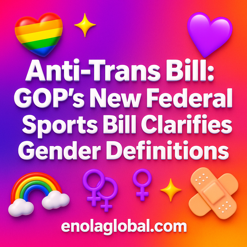 Anti-Trans Bill: GOP’s New Federal Sports Bill Clarifies Gender Definitions Square news graphic showing a post title named "Anti-Trans Bill: GOP’s New Federal Sports Bill Clarifies Gender Definitions" in bold white text on a pink–orange–purple gradient, with a rainbow heart, purple heart, and interlinked female symbols; enolaglobal.com at the bottom.
