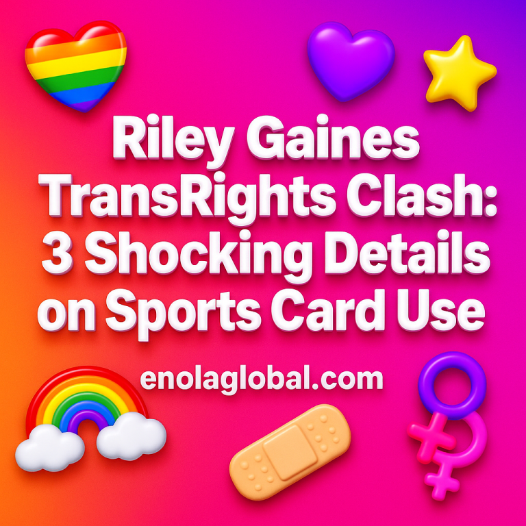 Riley Gaines TransRights Clash: 3 Shocking Details on Sports Card Use Square news graphic showing a post title named "Riley Gaines TransRights Clash: 3 Shocking Details on Sports Card Use" in bold white text on a pink–orange–purple gradient, with a rainbow heart, purple heart, and interlinked female symbols; enolaglobal.com at the bottom.