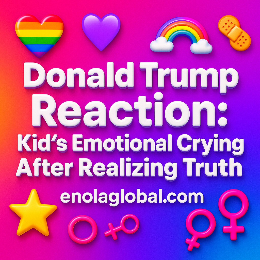 Donald Trump Reaction: Kid’s Emotional Crying After Realizing Truth Square news graphic showing a post title named "Donald Trump Reaction: Kid’s Emotional Crying After Realizing Truth" in bold white text on a pink–orange–purple gradient, with a rainbow heart, purple heart, and interlinked female symbols; enolaglobal.com at the bottom.