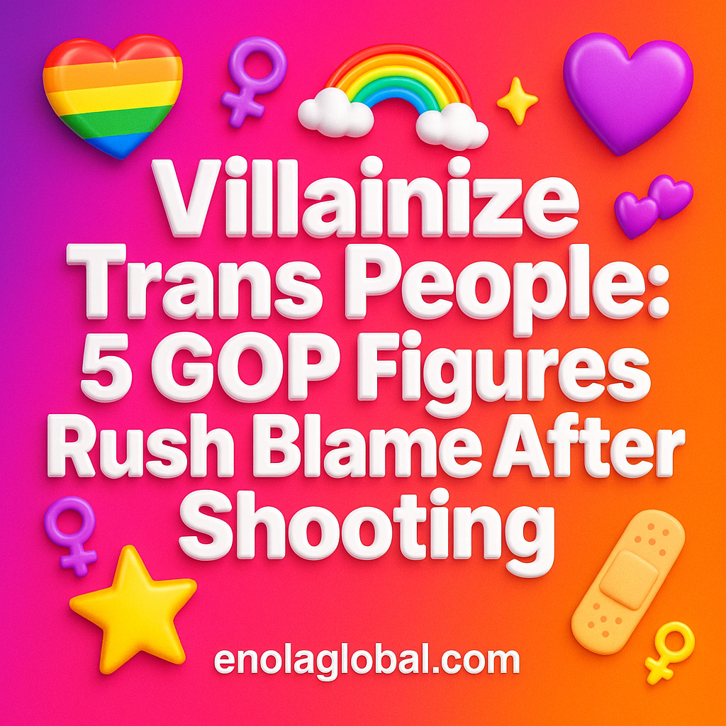 Villainize Trans People: 5 GOP Figures Rush Blame After Shooting Square news graphic showing a post title named "Villainize Trans People: 5 GOP Figures Rush Blame After Shooting" in bold white text on a pink–orange–purple gradient, with a rainbow heart, purple heart, and interlinked female symbols; enolaglobal.com at the bottom.