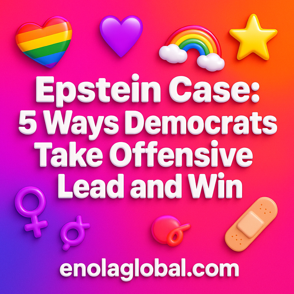 Epstein Case: 5 Ways Democrats Take Offensive Lead and Win Square news graphic showing a post title named "Epstein Case: 5 Ways Democrats Take Offensive Lead and Win" in bold white text on a pink–orange–purple gradient, with a rainbow heart, purple heart, and interlinked female symbols; enolaglobal.com at the bottom.