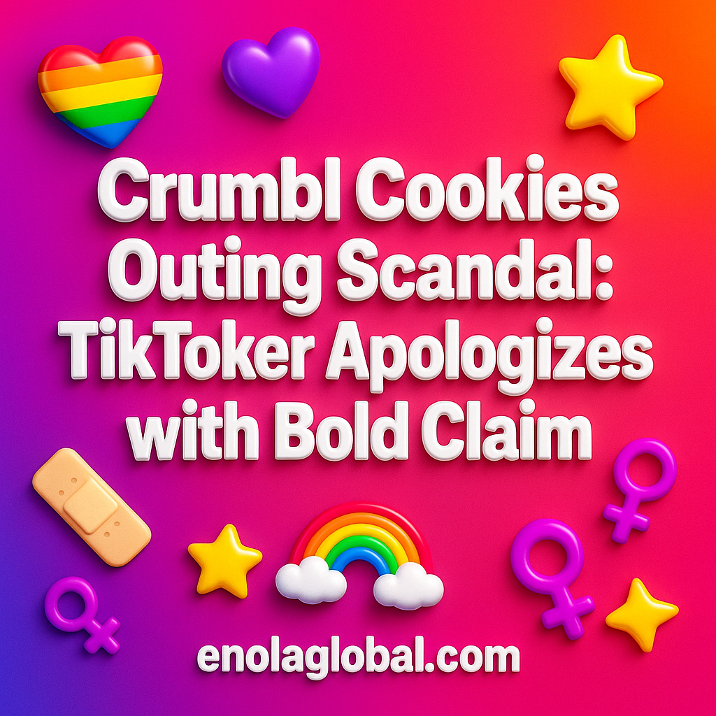 Crumbl Cookies Outing Scandal: TikToker Apologizes with Bold Claim Square news graphic showing a post title named "Crumbl Cookies Outing Scandal: TikToker Apologizes with Bold Claim" in bold white text on a pink–orange–purple gradient, with a rainbow heart, purple heart, and interlinked female symbols; enolaglobal.com at the bottom.