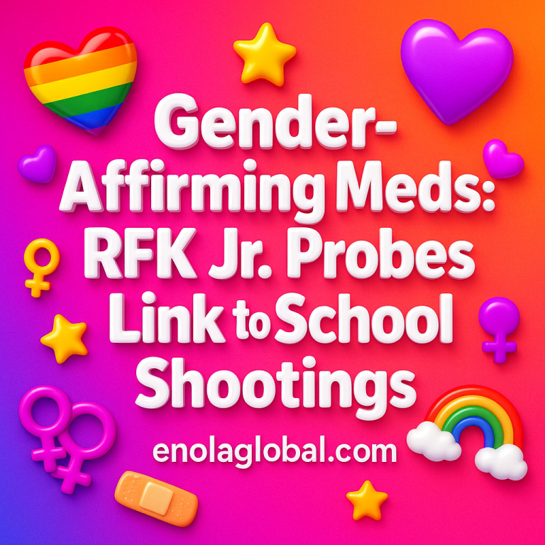 Gender-Affirming Meds: RFK Jr. Probes Link to School Shootings Square news graphic showing a post title named "Gender-Affirming Meds: RFK Jr. Probes Link to School Shootings" in bold white text on a pink–orange–purple gradient, with a rainbow heart, purple heart, and interlinked female symbols; enolaglobal.com at the bottom.