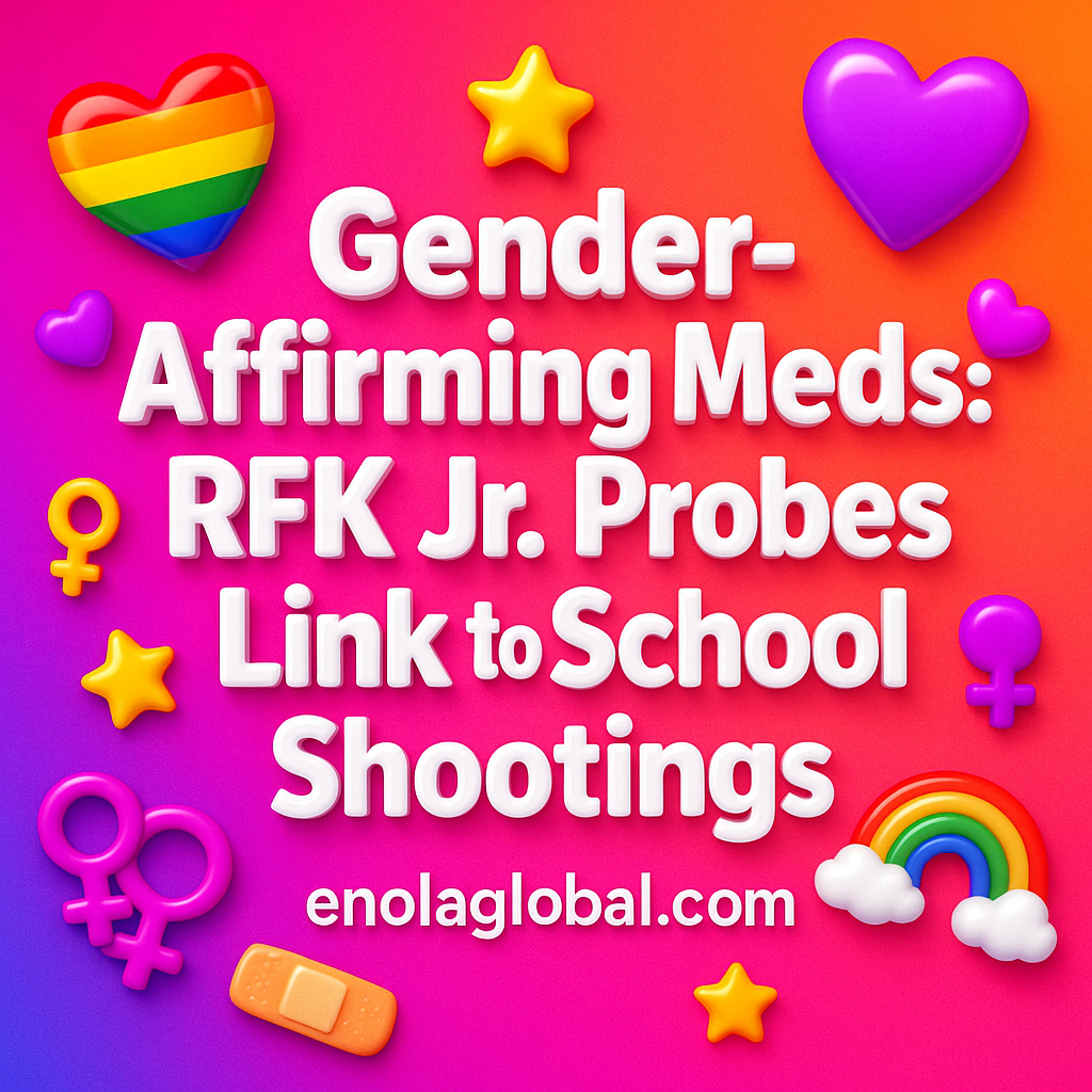 Gender-Affirming Meds: RFK Jr. Probes Link to School Shootings Square news graphic showing a post title named "Gender-Affirming Meds: RFK Jr. Probes Link to School Shootings" in bold white text on a pink–orange–purple gradient, with a rainbow heart, purple heart, and interlinked female symbols; enolaglobal.com at the bottom.