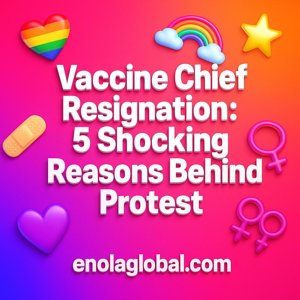 Vaccine Chief Resignation: 5 Shocking Reasons Behind Protest Square news graphic showing a post title named "Vaccine Chief Resignation: 5 Shocking Reasons Behind Protest" in bold white text on a pink–orange–purple gradient, with a rainbow heart, purple heart, and interlinked female symbols; enolaglobal.com at the bottom.