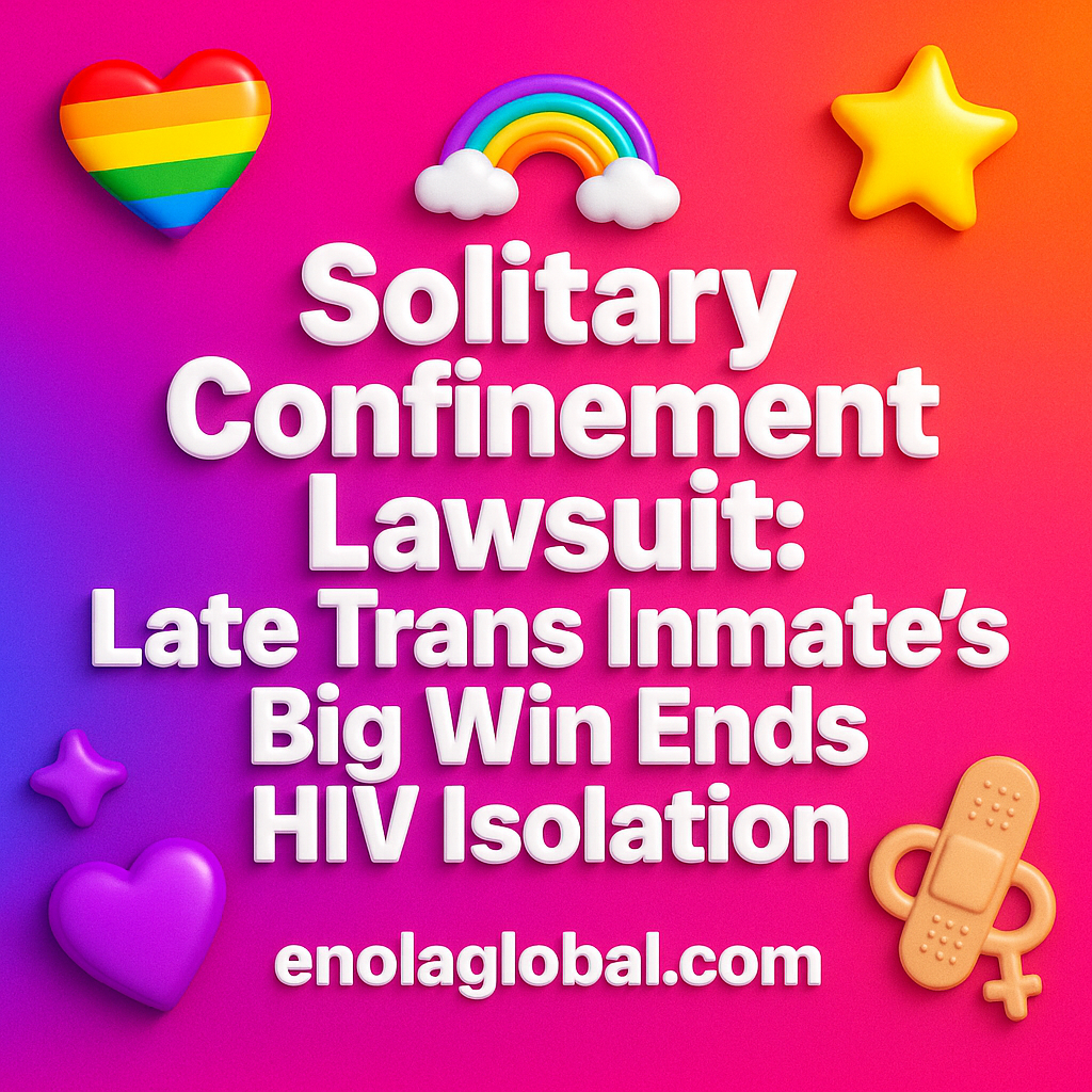Solitary Confinement Lawsuit: Late Trans Inmate’s Big Win Ends HIV Isolation Square news graphic showing a post title named "Solitary Confinement Lawsuit: Late Trans Inmate’s Big Win Ends HIV Isolation" in bold white text on a pink–orange–purple gradient, with a rainbow heart, purple heart, and interlinked female symbols; enolaglobal.com at the bottom.