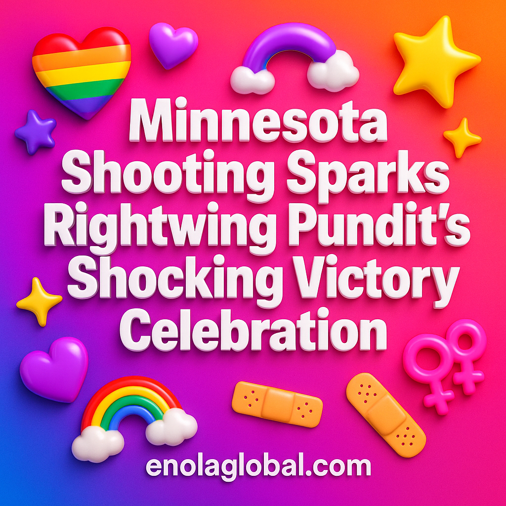 Minnesota Shooting Sparks Rightwing Pundit’s Shocking Victory Celebration Square news graphic showing a post title named "Minnesota Shooting Sparks Rightwing Pundit’s Shocking Victory Celebration" in bold white text on a pink–orange–purple gradient, with a rainbow heart, purple heart, and interlinked female symbols; enolaglobal.com at the bottom.