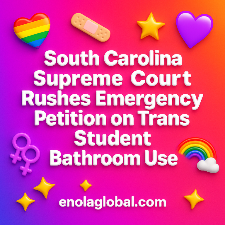 South Carolina Supreme Court Rushes Emergency Petition on Trans Student Bathroom Use Square news graphic showing a post title named "South Carolina Supreme Court Rushes Emergency Petition on Trans Student Bathroom Use" in bold white text on a pink–orange–purple gradient, with a rainbow heart, purple heart, and interlinked female symbols; enolaglobal.com at the bottom.