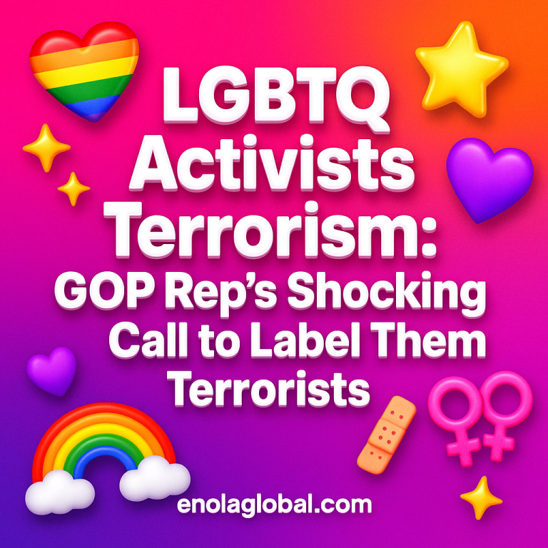 LGBTQ Activists Terrorism: GOP Rep’s Shocking Call to Label Them Terrorists Square news graphic showing a post title named "LGBTQ Activists Terrorism: GOP Rep’s Shocking Call to Label Them Terrorists" in bold white text on a pink–orange–purple gradient, with a rainbow heart, purple heart, and interlinked female symbols; enolaglobal.com at the bottom.