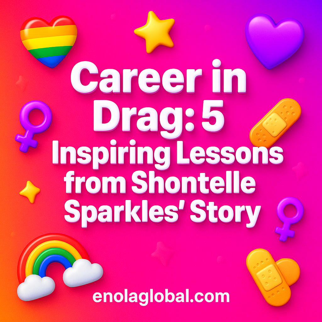 Career in Drag: 5 Inspiring Lessons from Shontelle Sparkles’ Story Square news graphic showing a post title named "Career in Drag: 5 Inspiring Lessons from Shontelle Sparkles’ Story" in bold white text on a pink–orange–purple gradient, with a rainbow heart, purple heart, and interlinked female symbols; enolaglobal.com at the bottom.
