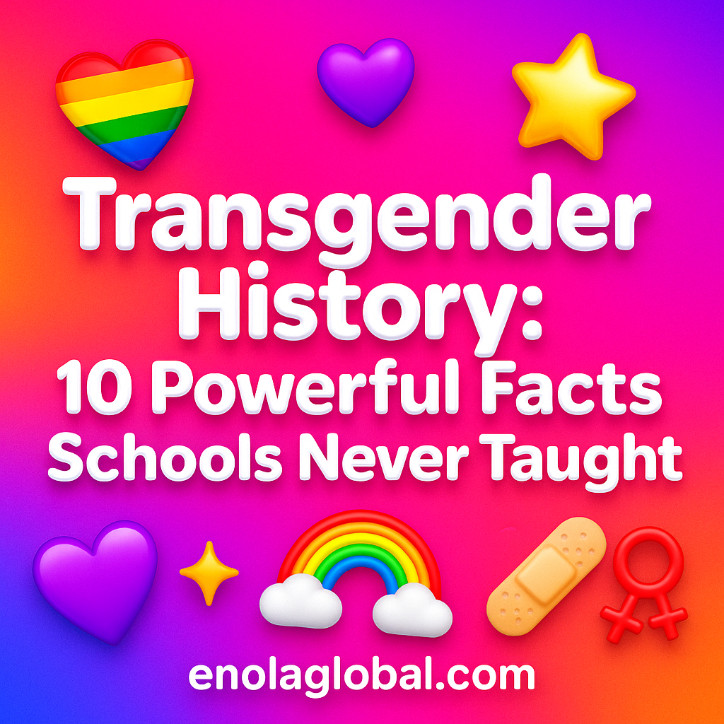 Transgender History: 10 Powerful Facts Schools Never Taught Square news graphic showing a post title named "Transgender History: 10 Powerful Facts Schools Never Taught" in bold white text on a pink–orange–purple gradient, with a rainbow heart, purple heart, and interlinked female symbols; enolaglobal.com at the bottom.