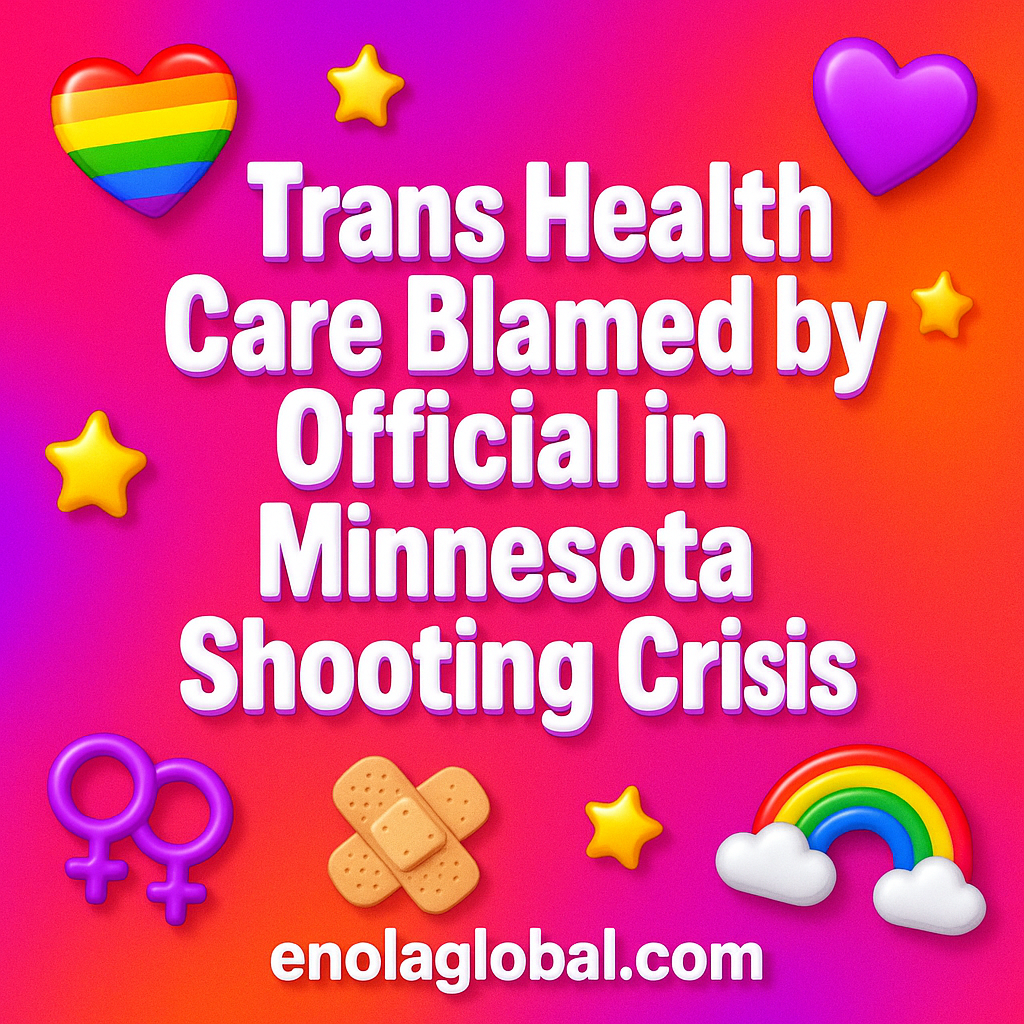 Trans Health Care Blamed by Official in Minnesota Shooting Crisis Square news graphic showing a post title named "Trans Health Care Blamed by Official in Minnesota Shooting Crisis" in bold white text on a pink–orange–purple gradient, with a rainbow heart, purple heart, and interlinked female symbols; enolaglobal.com at the bottom.