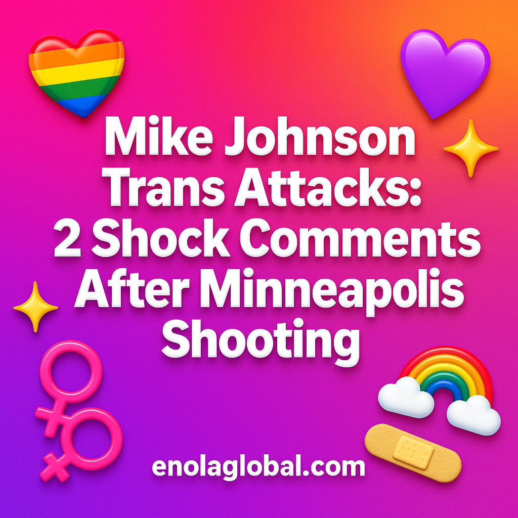 Mike Johnson Trans Attacks: 2 Shock Comments After Minneapolis Shooting Square news graphic showing a post title named "Mike Johnson Trans Attacks: 2 Shock Comments After Minneapolis Shooting" in bold white text on a pink–orange–purple gradient, with a rainbow heart, purple heart, and interlinked female symbols; enolaglobal.com at the bottom.