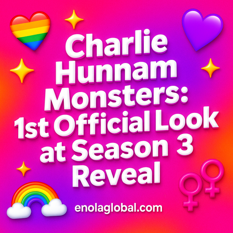 Charlie Hunnam Monsters: 1st Official Look at Season 3 Reveal Square news graphic showing a post title named "Charlie Hunnam Monsters: 1st Official Look at Season 3 Reveal" in bold white text on a pink–orange–purple gradient, with a rainbow heart, purple heart, and interlinked female symbols; enolaglobal.com at the bottom.