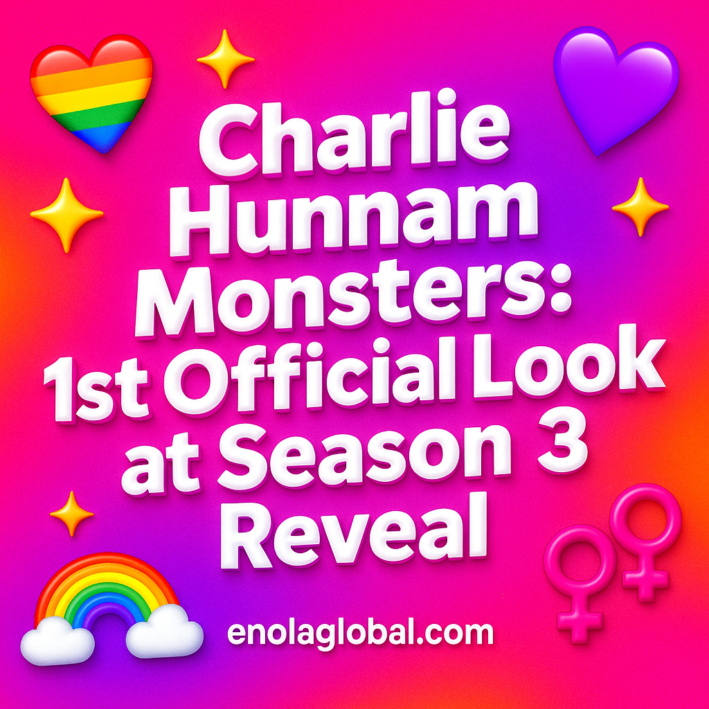 Charlie Hunnam Monsters: 1st Official Look at Season 3 Reveal Square news graphic showing a post title named "Charlie Hunnam Monsters: 1st Official Look at Season 3 Reveal" in bold white text on a pink–orange–purple gradient, with a rainbow heart, purple heart, and interlinked female symbols; enolaglobal.com at the bottom.