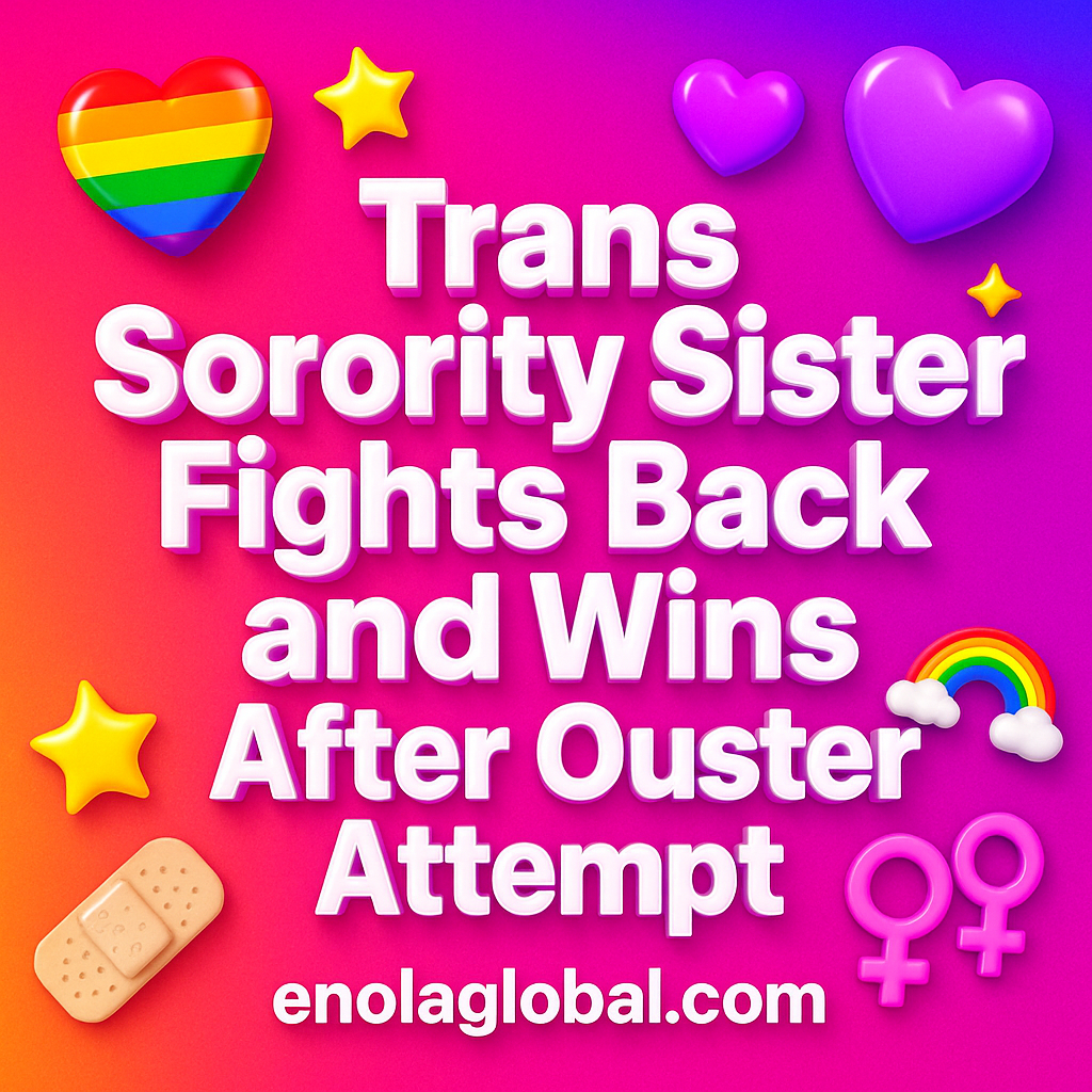 Trans Sorority Sister Fights Back and Wins After Ouster Attempt Square news graphic showing a post title named "Trans Sorority Sister Fights Back and Wins After Ouster Attempt" in bold white text on a pink–orange–purple gradient, with a rainbow heart, purple heart, and interlinked female symbols; enolaglobal.com at the bottom.