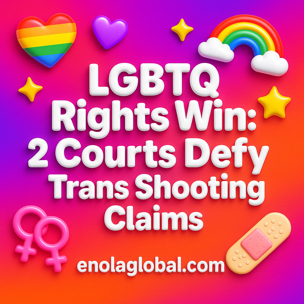 LGBTQ Rights Win: 2 Courts Defy MTG’s Trans Shooting Claims Square news graphic showing a post title named "LGBTQ Rights Win: 2 Courts Defy MTG’s Trans Shooting Claims" in bold white text on a pink–orange–purple gradient, with a rainbow heart, purple heart, and interlinked female symbols; enolaglobal.com at the bottom.