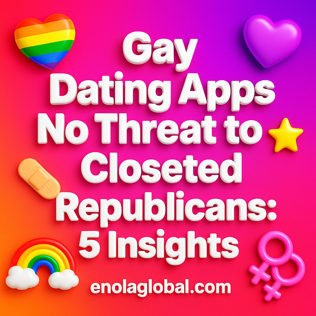 Gay Dating Apps Pose No Threat to Closeted Republicans: 5 Insights Square news graphic showing a post title named "Gay Dating Apps Pose No Threat to Closeted Republicans: 5 Insights" in bold white text on a pink–orange–purple gradient, with a rainbow heart, purple heart, and interlinked female symbols; enolaglobal.com at the bottom.