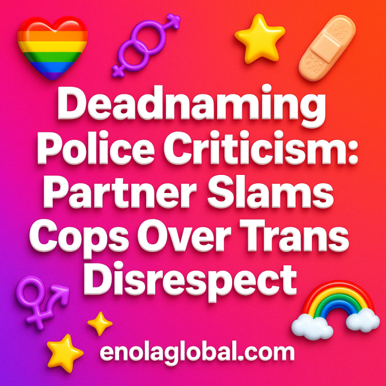 Deadnaming Police Criticism: Partner Slams Cops Over Trans Disrespect Square news graphic showing a post title named "Deadnaming Police Criticism: Partner Slams Cops Over Trans Disrespect" in bold white text on a pink–orange–purple gradient, with a rainbow heart, purple heart, and interlinked female symbols; enolaglobal.com at the bottom.