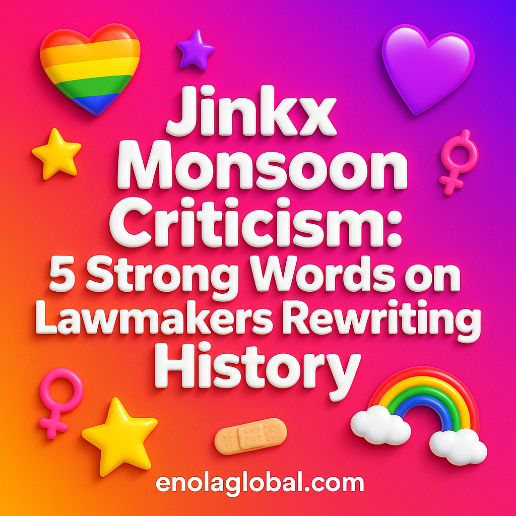 Jinkx Monsoon Criticism: 5 Strong Words on Lawmakers Rewriting History Square news graphic showing a post title named "Jinkx Monsoon Criticism: 5 Strong Words on Lawmakers Rewriting History" in bold white text on a pink–orange–purple gradient, with a rainbow heart, purple heart, and interlinked female symbols; enolaglobal.com at the bottom.
