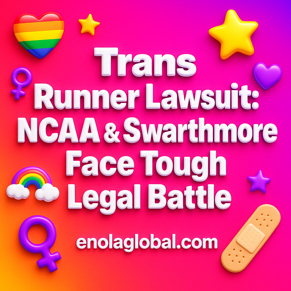 Trans Runner Lawsuit: NCAA & Swarthmore Face Tough Legal Battle Square news graphic showing a post title named "Trans Runner Lawsuit: NCAA & Swarthmore Face Tough Legal Battle" in bold white text on a pink–orange–purple gradient, with a rainbow heart, purple heart, and interlinked female symbols; enolaglobal.com at the bottom.