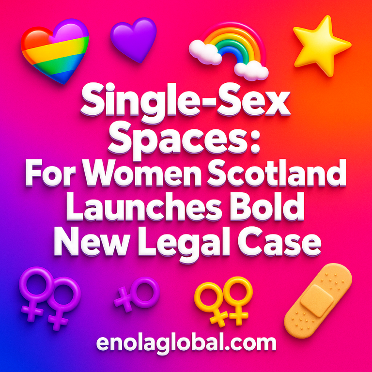 A square 2D promotional graphic includes a post title named "Single Sex Spaces: For Women Scotland Launches Bold New Legal Case" centered in large rounded white lettering over a pink–orange–purple gradient background. Decorative 3D-style icons—a rainbow heart (top left), a purple heart (lower left), and two interlinked female symbols (lower right)—frame the headline. The website “enolaglobal.com” appears along the bottom center for branding.