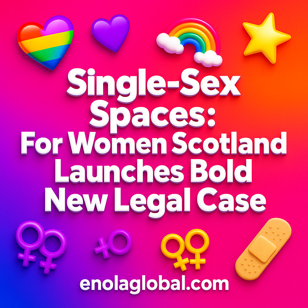 A square 2D promotional graphic includes a post title named "Single Sex Spaces: For Women Scotland Launches Bold New Legal Case" centered in large rounded white lettering over a pink–orange–purple gradient background. Decorative 3D-style icons—a rainbow heart (top left), a purple heart (lower left), and two interlinked female symbols (lower right)—frame the headline. The website “enolaglobal.com” appears along the bottom center for branding.