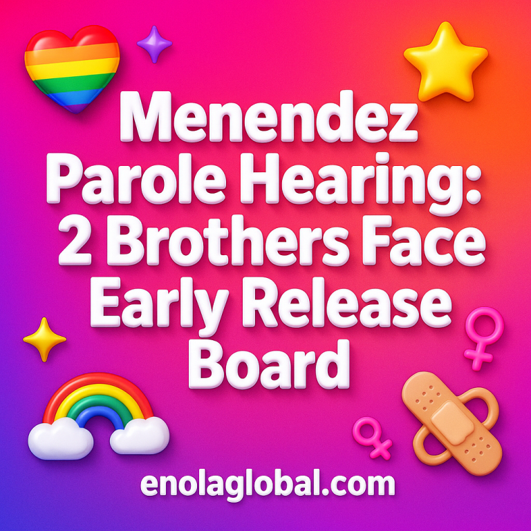 Menendez Parole Hearing: 2 Brothers Face Early Release Board Square news graphic showing a post title named "Menendez Parole Hearing: 2 Brothers Face Early Release Board" in bold white text on a pink–orange–purple gradient, with a rainbow heart, purple heart, and interlinked female symbols; enolaglobal.com at the bottom.