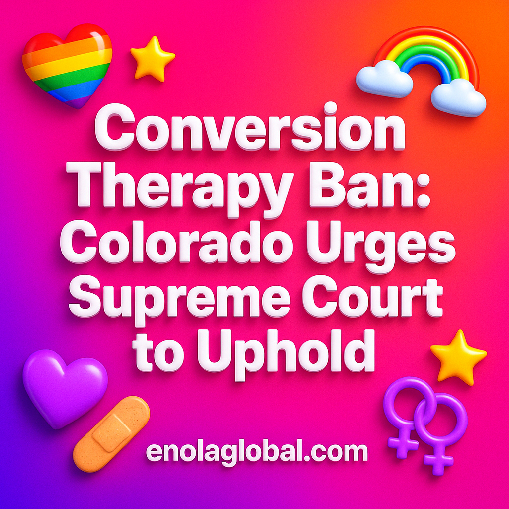 Conversion Therapy Ban: Colorado Urges Supreme Court to Uphold Square news graphic showing a post title named "Conversion Therapy Ban: Colorado Urges Supreme Court to Uphold" in bold white text on a pink–orange–purple gradient, with a rainbow heart, purple heart, and interlinked female symbols; enolaglobal.com at the bottom.