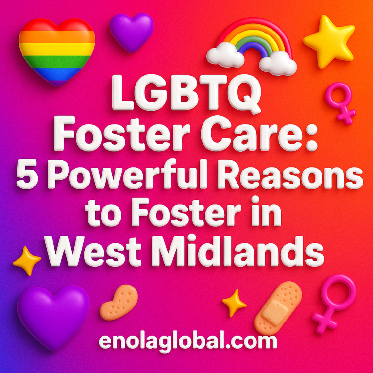 LGBTQ Foster Care: 5 Powerful Reasons to Foster in West Midlands Square news graphic showing a post title named "LGBTQ Foster Care: 5 Powerful Reasons to Foster in West Midlands" in bold white text on a pink–orange–purple gradient, with a rainbow heart, purple heart, and interlinked female symbols; enolaglobal.com at the bottom.