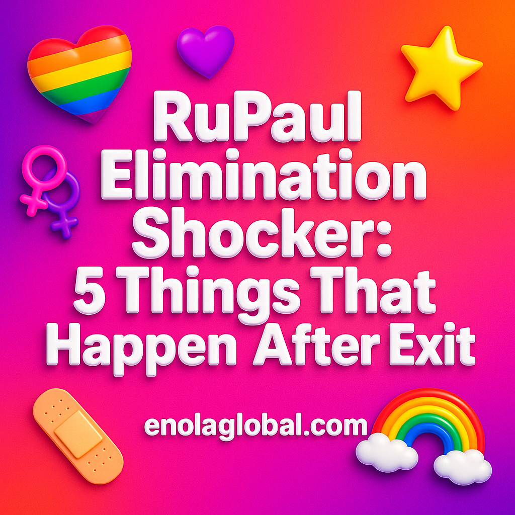 RuPaul Elimination Shocker: 5 Things That Happen After Exit Square news graphic showing a post title named "RuPaul Elimination Shocker: 5 Things That Happen After Exit" in bold white text on a pink–orange–purple gradient, with a rainbow heart, purple heart, and interlinked female symbols; enolaglobal.com at the bottom.