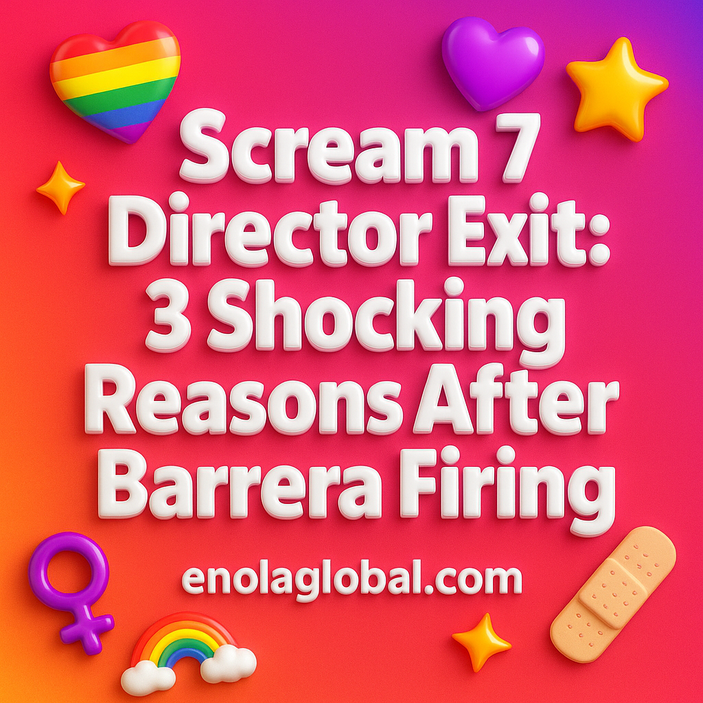 Scream 7 Director Exit: 3 Shocking Reasons After Barrera Firing Square news graphic showing a post title named "Scream 7 Director Exit: 3 Shocking Reasons After Barrera Firing" in bold white text on a pink–orange–purple gradient, with a rainbow heart, purple heart, and interlinked female symbols; enolaglobal.com at the bottom.
