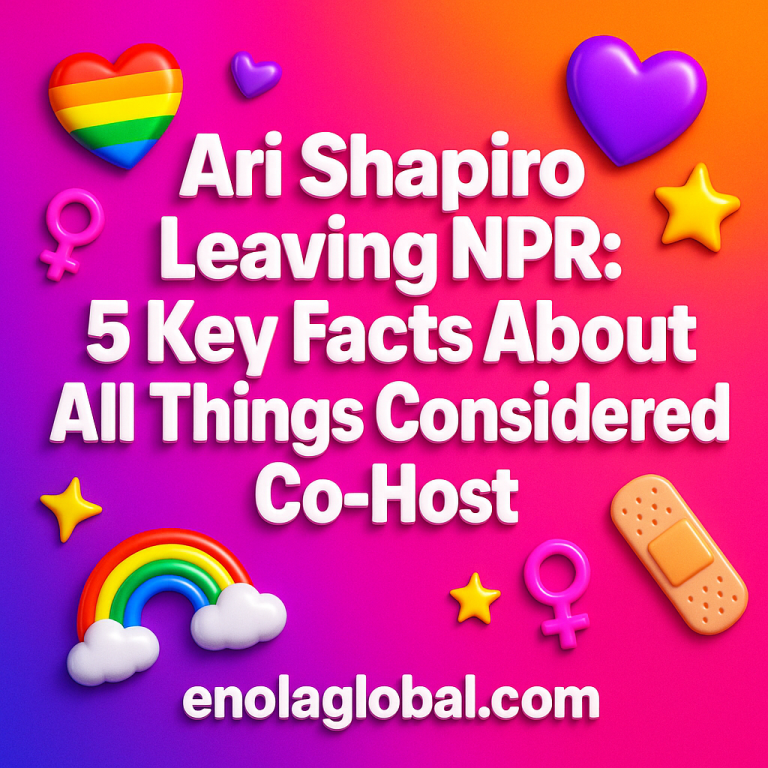 Ari Shapiro Leaving NPR: 5 Key Facts About All Things Considered Co-Host Square news graphic showing a post title named "Ari Shapiro Leaving NPR: 5 Key Facts About All Things Considered Co-Host" in bold white text on a pink–orange–purple gradient, with a rainbow heart, purple heart, and interlinked female symbols; enolaglobal.com at the bottom.