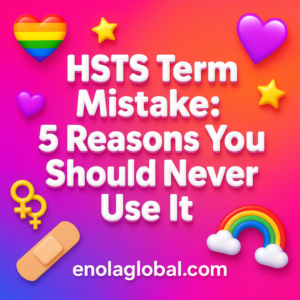 HSTS Term Mistake: 5 Reasons You Should Never Use It Square news graphic showing a post title named "HSTS Term Mistake: 5 Reasons You Should Never Use It" in bold white text on a pink–orange–purple gradient, with a rainbow heart, purple heart, and interlinked female symbols; enolaglobal.com at the bottom.