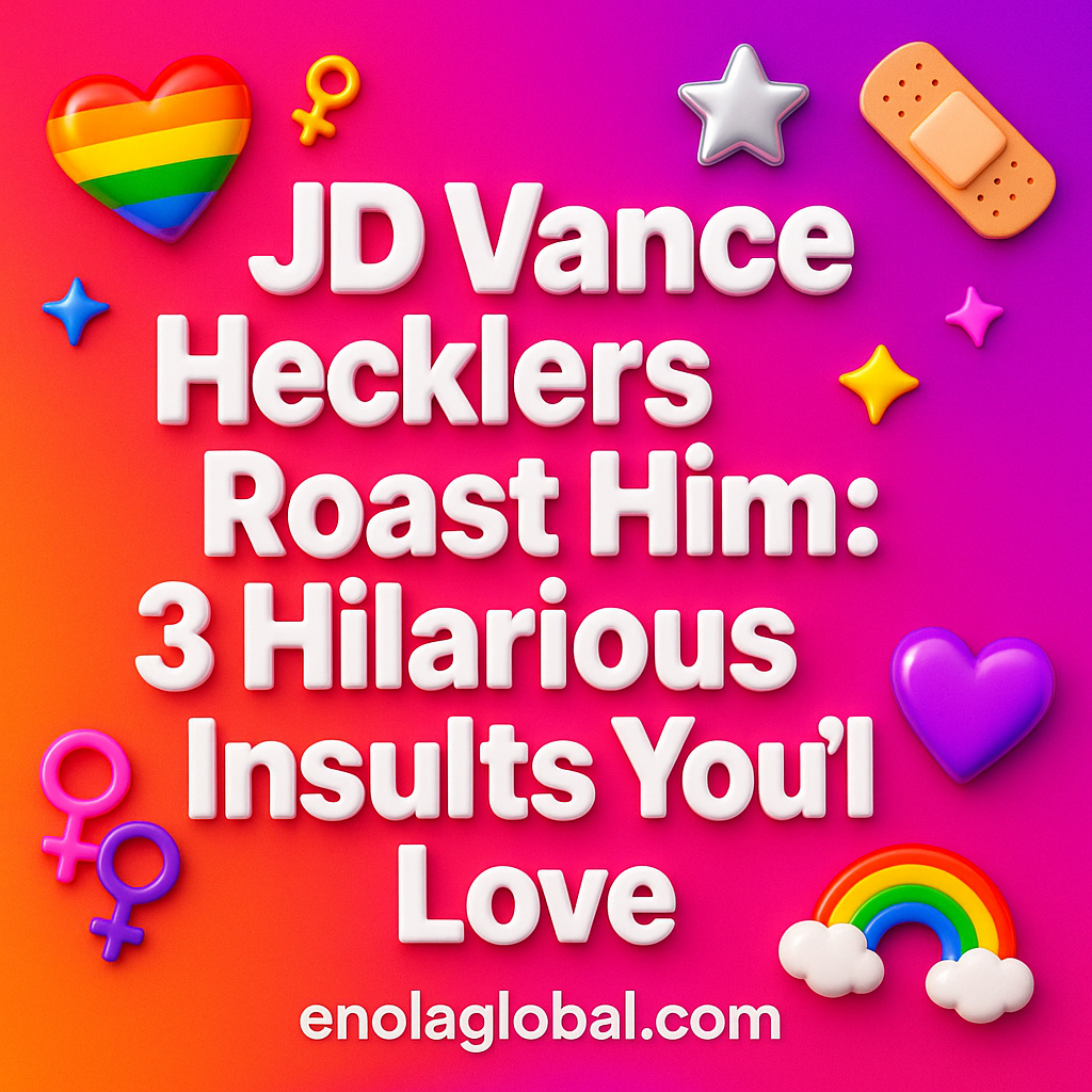 JD Vance Hecklers Roast Him: 3 Hilarious Insults You’ll Love Square news graphic showing a post title named "JD Vance Hecklers Roast Him: 3 Hilarious Insults You’ll Love" in bold white text on a pink–orange–purple gradient, with a rainbow heart, purple heart, and interlinked female symbols; enolaglobal.com at the bottom.